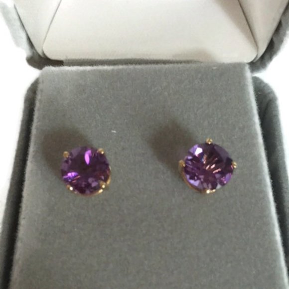 7mm Round Stud Amethyst Earrings 14K Prong Set NEW - Picture 2 of 10